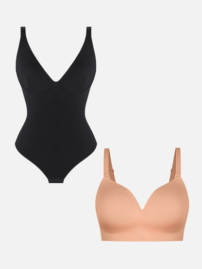 MyCurve 1 V Neck Shaping Bodysuit + 1 Push-Up Seamless Bra